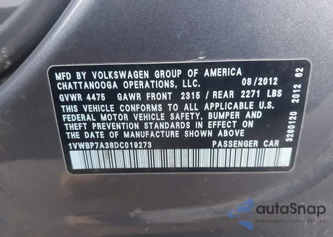 2013 Volkswagen Passat 2.5L Se z USA, uszkodzony, nr VIN 1VWBP7A38DC019273